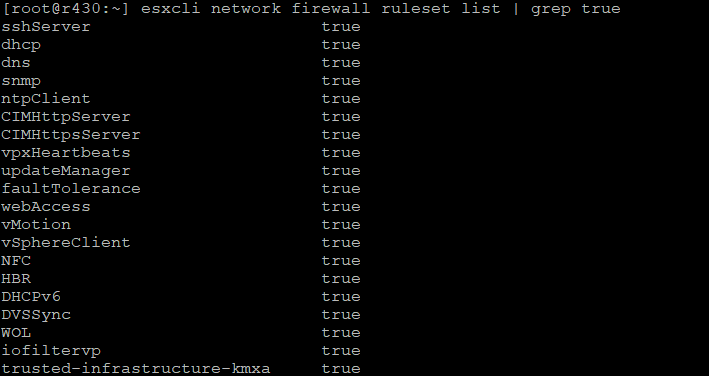 esxcli network firewall ruleset list