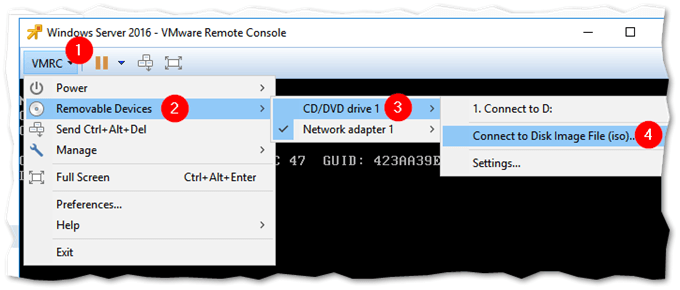 Power up the VM and select Connect to Disk Image File