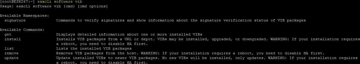 Esxcli namespace for VIB file