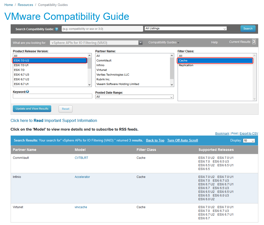 Compatible third-party products are listed in the VMware HCL for each vSphere version