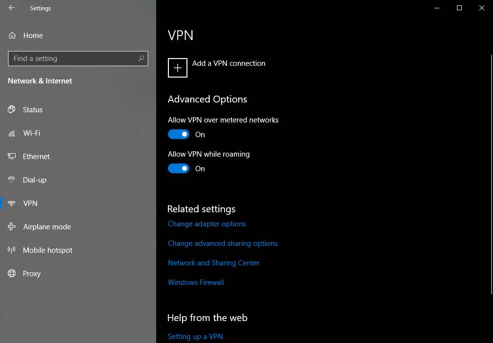 Windows 10 VPN settings