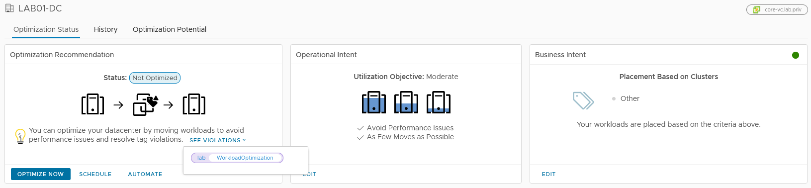 The management pane shows the current optimization status, the operation and business intents