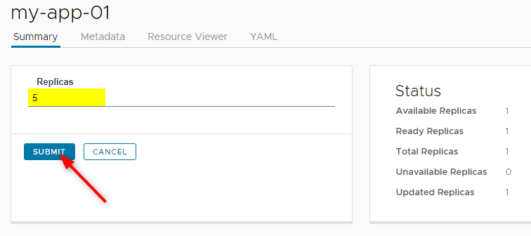 Then type in the number of replicas you want this deployment to run and hit SUBMIT.