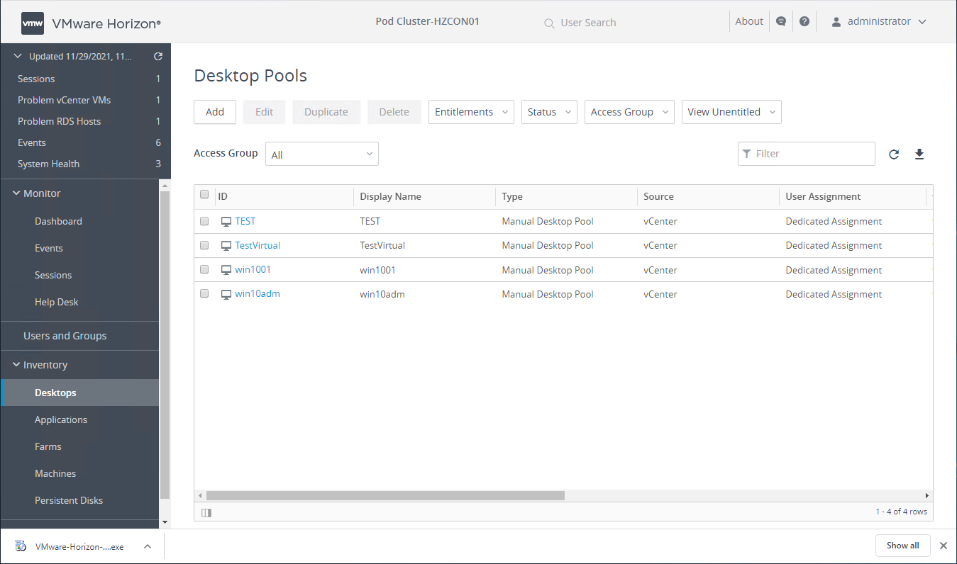 Viewing VMware Horizon Desktop Pools