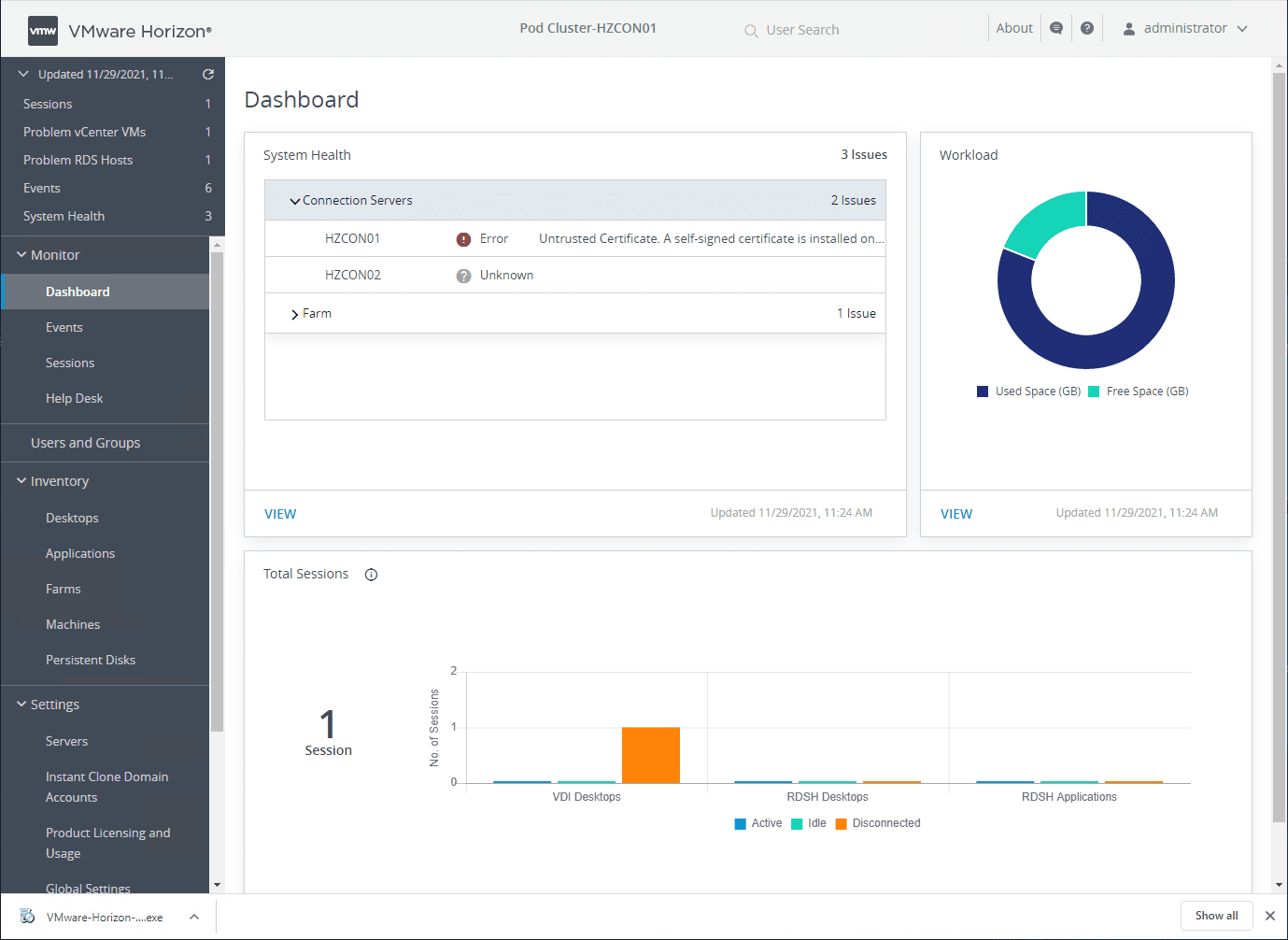 Viewing the VMware Horizon monitoring dashboard