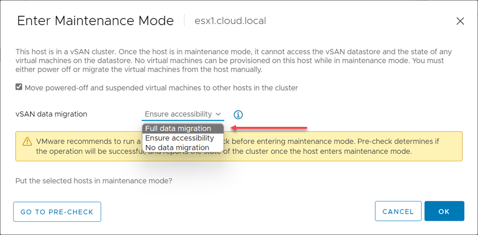 Choosing the vSAN data migration option